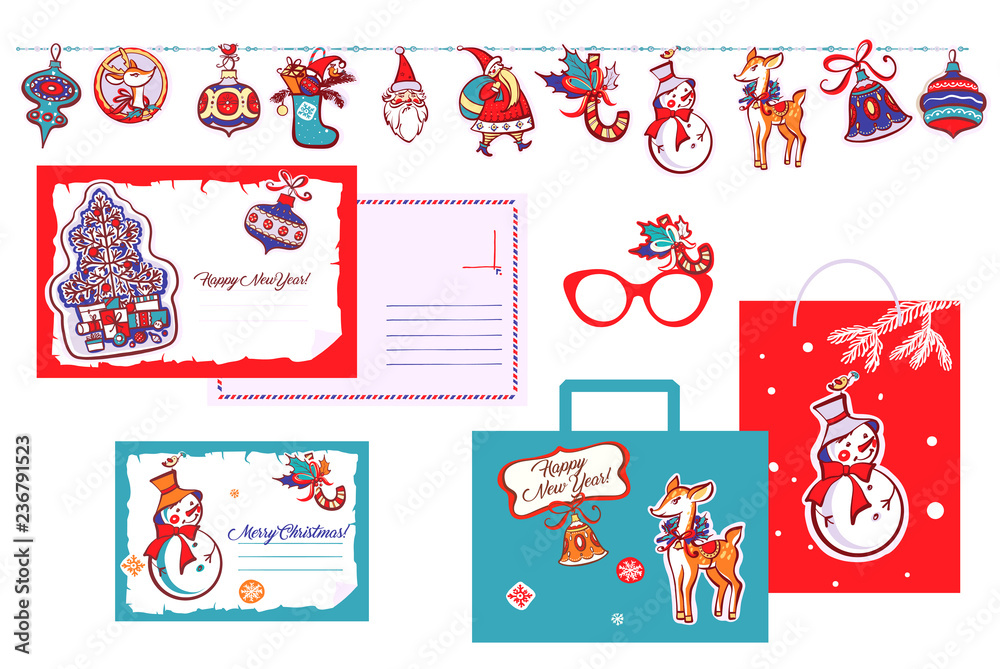 Obraz premium Happy new year. Santa claus, bell, snowflake, deer on garland. Template postcard with open space. Set design image for invitation greeting card, banner, sale, winter party event. Vector illustration.