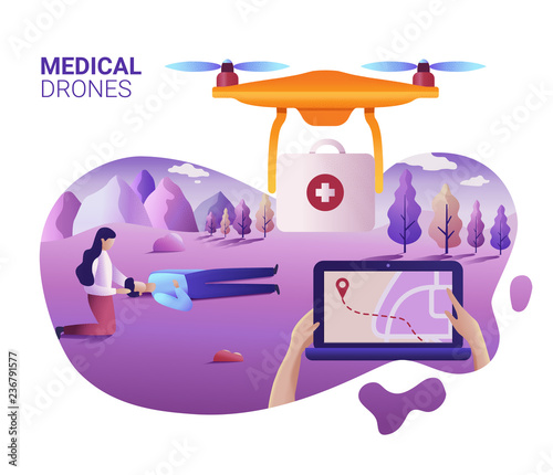 Drone or quadcopter medical service concept. Vector illustration of landing page template. Drone fly over the landscape and delivering ambulance equipment. Hands controlling via laptop