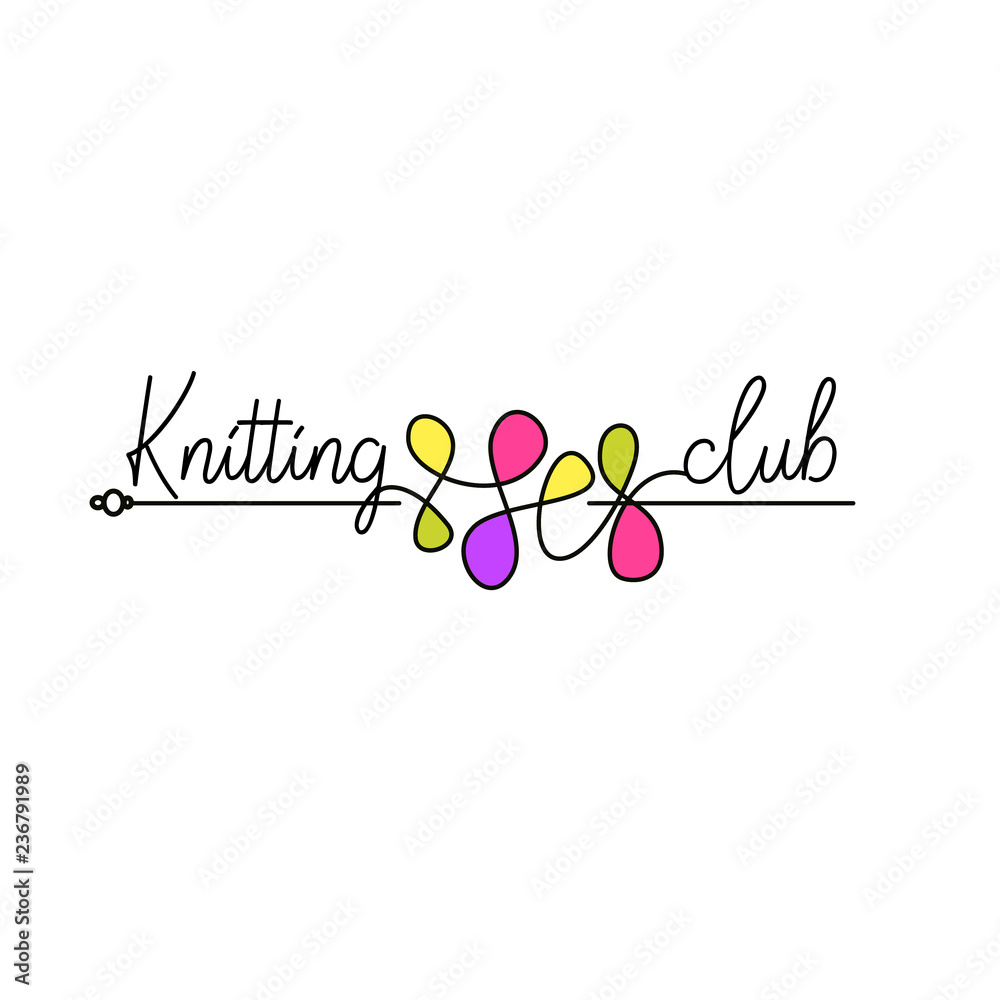 Knit workshop, creative course, master class, club vector template logo, badge, sign, label. All for knitting. Freehand drawn line concept knitting accessories