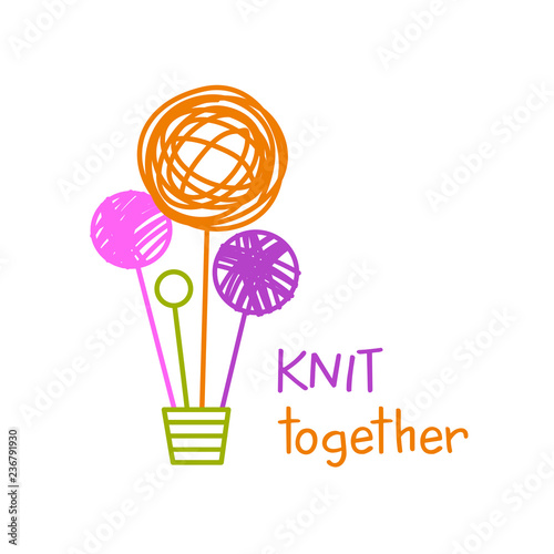 Master class, workshop for knit together. Vector template logo. Freehand drawn line concept balloon and color wool clew on white background