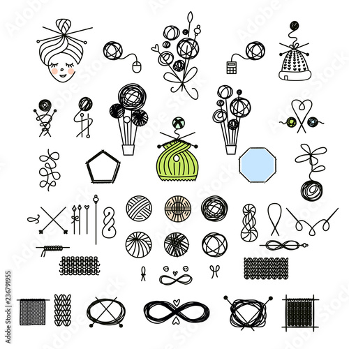 Workshop, course, master class vector template logo, badge, label. I love to knit together. Line set of knitting and craft. Knit and Crochet. Element corporate identity for home family business