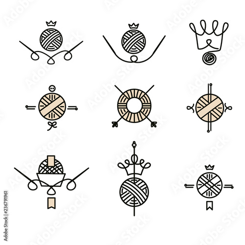 Workshop, course, master class vector template logo, badge, label. I love to knit together. Line set of knitting and craft. Knit and Crochet. Element corporate identity for home family business