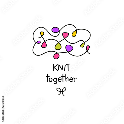 Knit workshop, creative course, master class vector template logo, badge, sign, label. All for knitting. Text knit together. Freehand drawn line concept knitting accessories