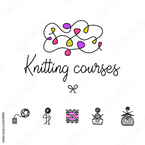 Knit workshop, creative course, master class vector template logo, badge, sign, label. All for knitting. Freehand drawn line concept knitting accessories, winter hat and wool clew on white background