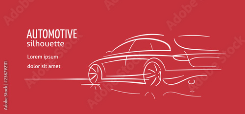 Modern car abstract line illustration for cards, flyers etc. Auto silhouette outline on red background. Vector. Text outlined.  photo