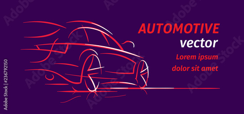 Modern car abstract line illustration for cards, flyers etc. Auto silhouette outline on dark background. Vector. Text outlined. 