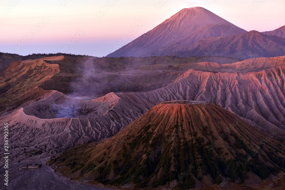 Naklejka premium Mount Bromo with mount Batok in the foreground and mount Semeru as the background, Java island, Indonesia