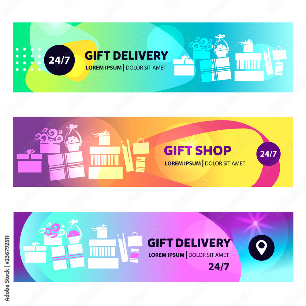 Template logo, online banner, poster design. Concept image for fast delivery transportation business carrying a gift package. Silhouette present in cardboard box