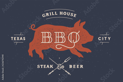 Piggy, pig, pork. Vintage label, logo, sticker, poster for Meat Restaurant