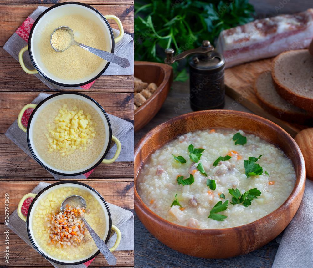 Kulish cooking collage - soup with millet and bacon, traditional Russian cuisine, selective focus