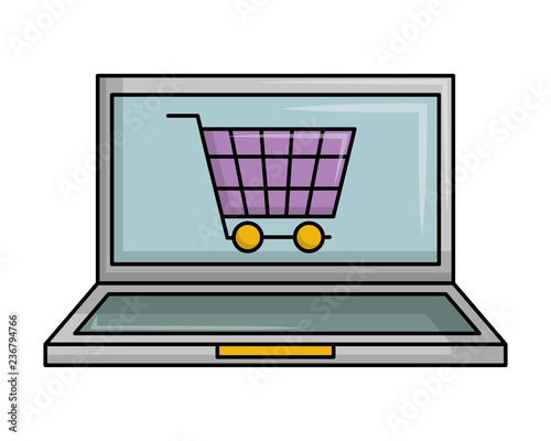 laptop computer with cart shopping online