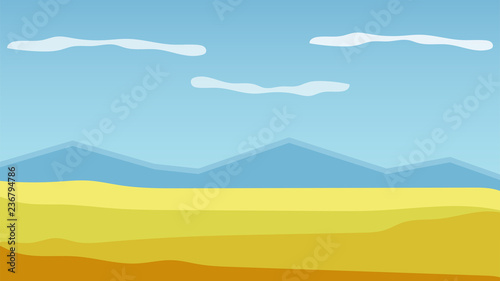 Landscape with desert, hills, mountains and clouds. Vector illustration.