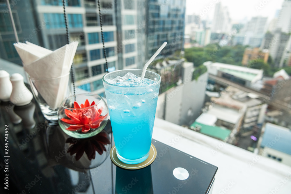 Refreshing tropical Lychee Blue Hawaii mocktail; Mixed of lychee juice