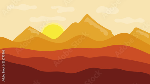 Landscape with mountains, hills, clouds and sun. Vector illustration.