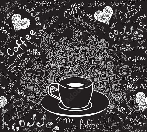 Food and drink vector seamless pattern with coffee cup and words "Coffee" handwritten by chalk on grey board