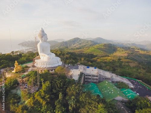 Aerial view Big Buddha Phuket Thailand Height 45 m. Reinforced concrete structure adorned with white jade marble Suryakanta from Myanmar Burma photo