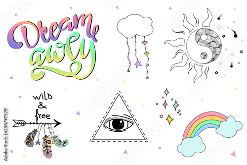 Set of hand drawn Boho design elements including Feathers, Dream Catcher, Arrows, lettering, magic hippie elements. Tribal collection.
