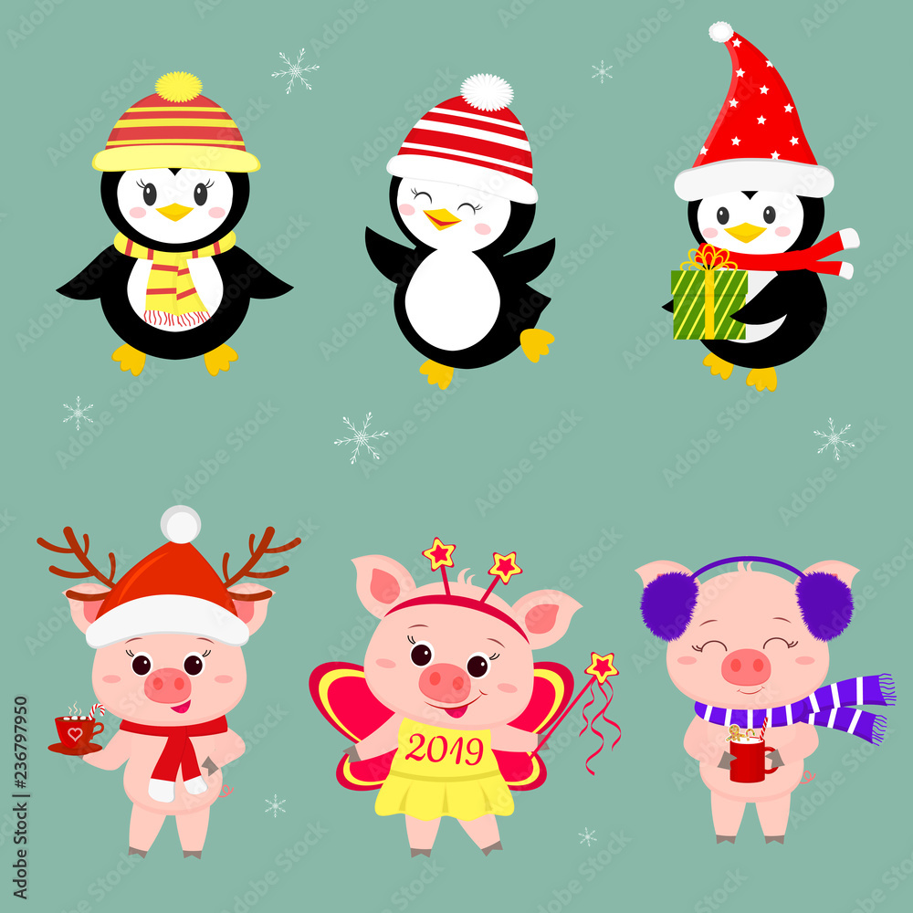 New Year and Christmas card. A set of three piglets and three penguins is typical in different hats and poses in winter. Gift box, fairy butterfly, hot drink. Cartoon style, vector