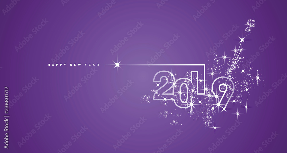 Plakat New Year 2019 line design firework champagne white purple vector greeting card