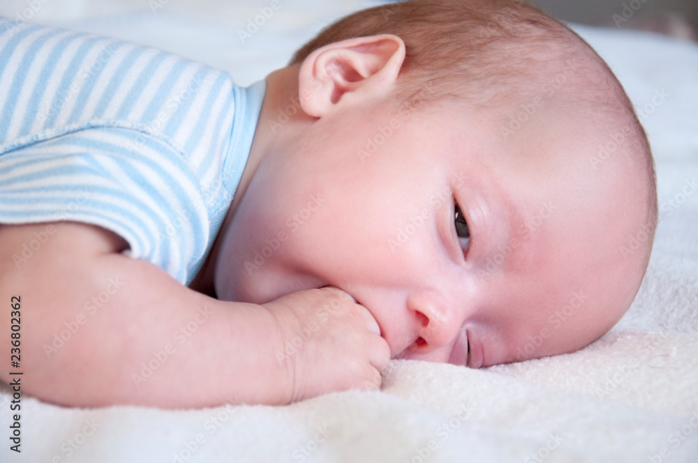 The baby cries and pulls the handle into his mouth because of the cutting teeth. Selective focus. The baby cries and pulls the handle into his mouth because of the cutting teeth. Selective focus.