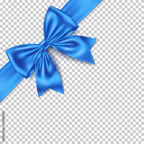 Realistic blue gift bow and ribbon isolated on transparent background. 