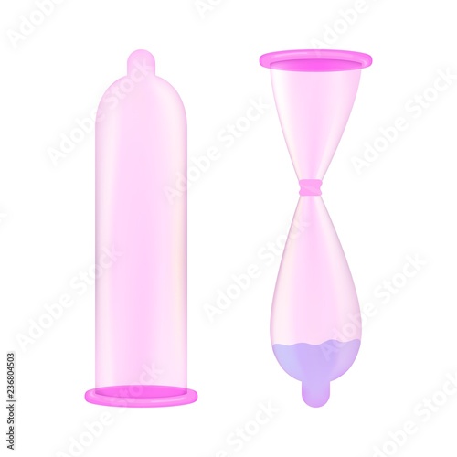 Pink condoms realistic on white background. Used condom tied in a knot. Disease prevention and birth control, planning pregnancy symbol, contraceptive object. Vector illustration