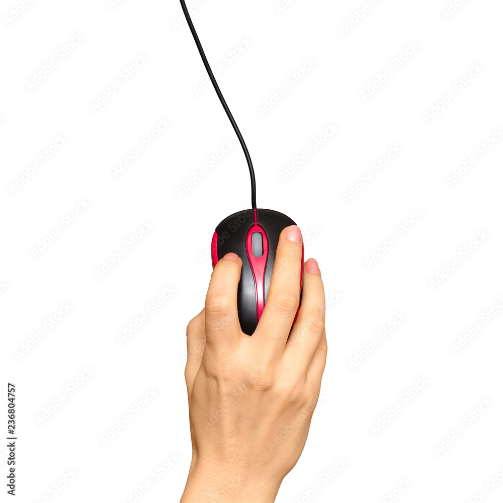 Female hand using mouse, top view, isolated on white Female hand using mouse, top view, isolated on white