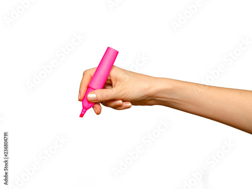 Hemale hand using a pink marker, isolated on white