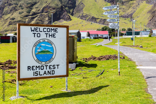 Welcome to the Remotest Island touristic signpost and distance to other places in the town centre of Edinburgh of the Seven Seas, Tristan da Cunha.