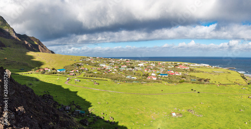 Edinburgh of the Seven Seas town aerial panoramic view, Tristan da Cunha, the most remote inhabited island, South Atlantic Ocean.