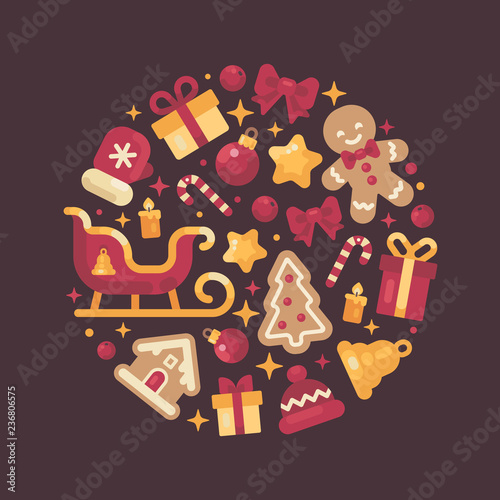Red and gold circle composition made from Christmas and New Year elements