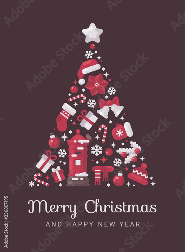 Red and white Christmas tree made from Christmas and winter items. New year greeting card.