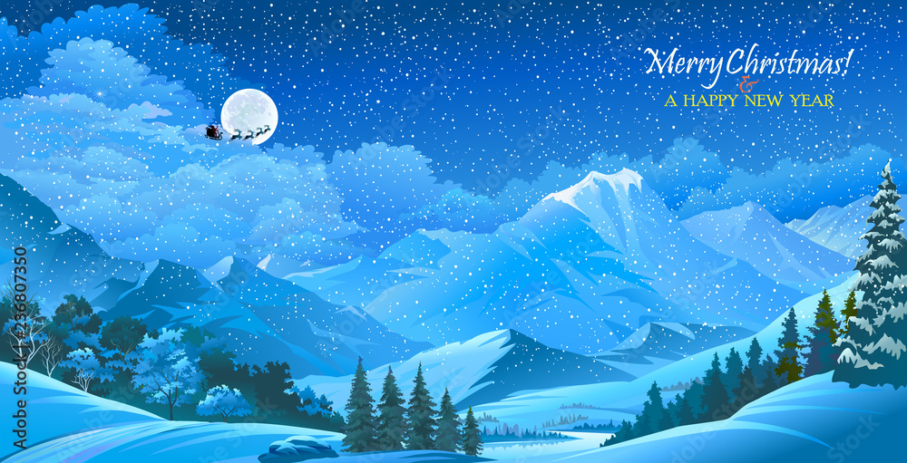 Naklejka premium Snowy landscape of a forest during Christmas time.