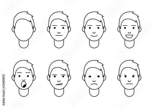 A set of emotions. 8 types of male faces. Different moods vector images. Isolated on white background.