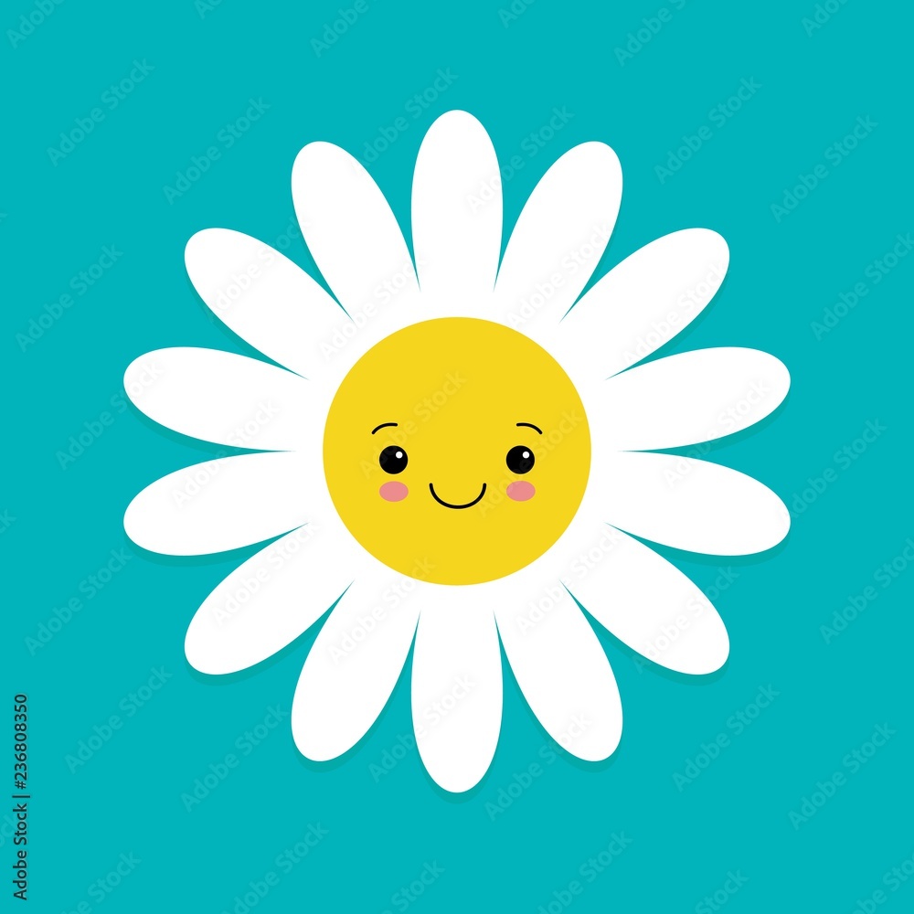 White daisy chamomile with face head. Cute flower plant collection. Love card. Camomile icon. Cute cartoon smiling character. Growing concept. Flat design. Blue background. Vector illustration