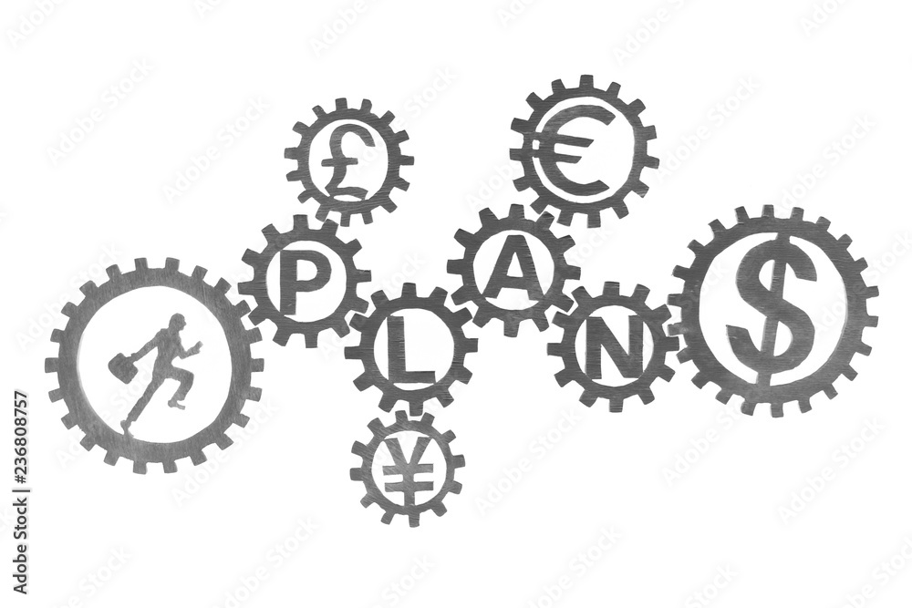 the businessman runs a puzzle in the gear with the word PLAN and symbols of money dollars, euro, yen, pounds sterling. Business concept, strategy, teamwork. creative, innovative, cooperation. the businessman runs a puzzle in the gear with the word PLAN and symbols of money dollars, euro, yen, pounds sterling. Business concept, strategy, teamwork. creative, innovative, cooperation.