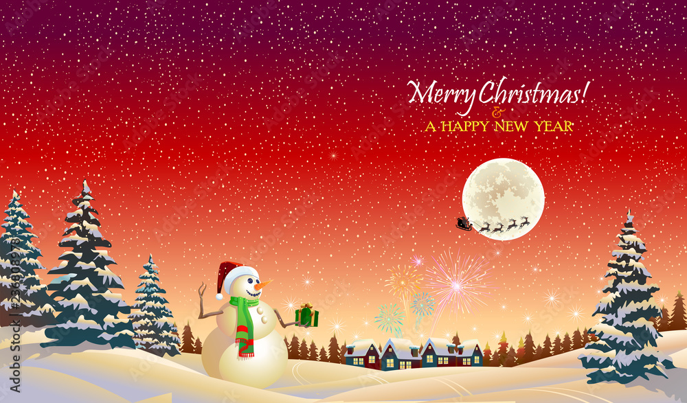 Fototapeta premium Snow man waving goodbye to Santa Claus 