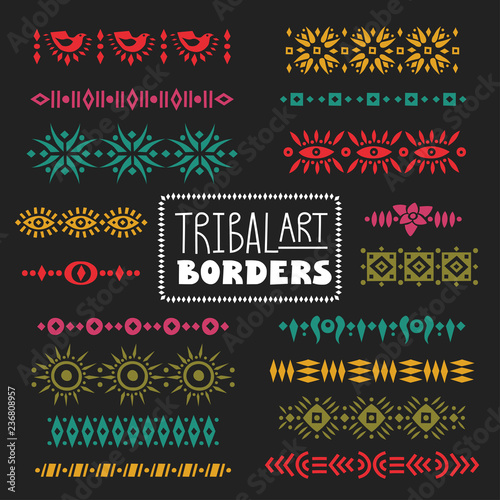 Vector collection of dividers, borders decorated with tribal colored patterns.