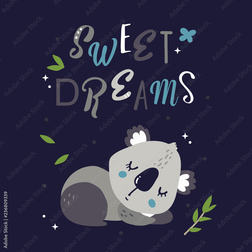 vector illustration of beautiful wild koala print in Scandinavian style,with ornate funny lettering sweet dreams and cute characters,objects