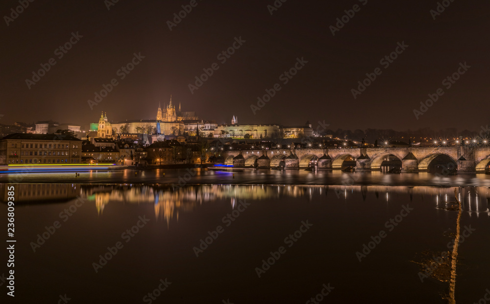 Centre of capital Prague near Vltava river in winter night