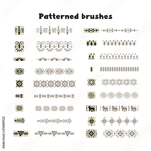 Collection of patterned brushes, decorated with scandinavian folk ornaments, seamless on both sides