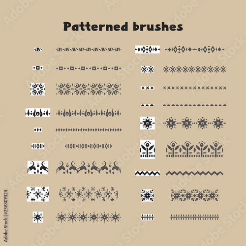 Collection of patterned brushes, decorated with scandinavian folk ornaments, seamless on both sides