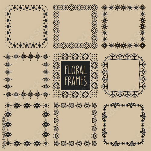 Collection of square frames decorated with scandinavian floral patterns