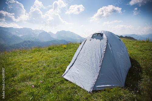 Tent on the background of mountains