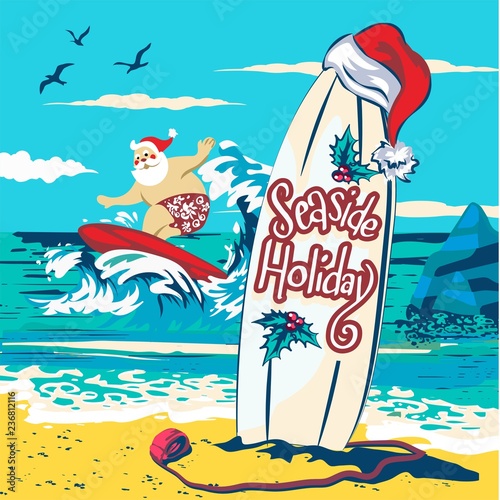 Photography Holiday illustration Santa Claus standing on the beach surfing cheerful cartoon,