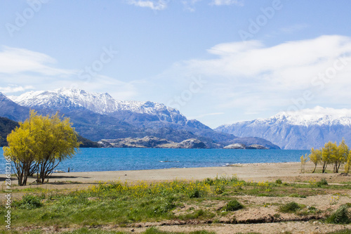 Unbelievable Patagonian landscape with trees, river and mountains on the background.