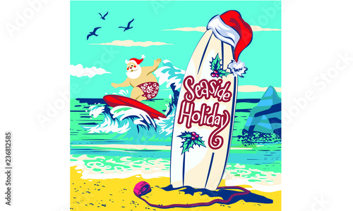 Holiday illustration Santa Claus standing on the beach surfing cheerful cartoon, tropical Christmas and New Year, seaside entertainment