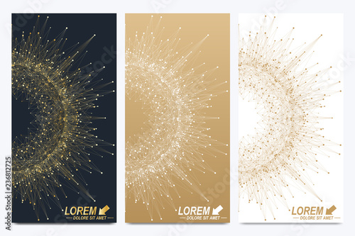 Modern set of vector flyers. Geometric abstract presentation with golden mandala. Molecule and communication background for medicine, science, technology, chemistry