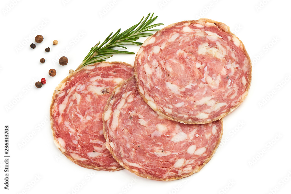 Salami Traditional Smoked slices with herbs and spices, isolated on a white background. Top view Salami Traditional Smoked slices with herbs and spices, isolated on a white background. Top view