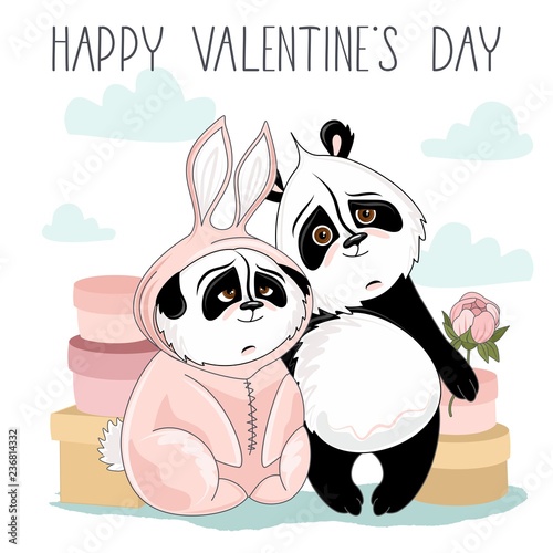 Holiday card with Valentine's Day. Cute Panda with romantic elements. Vector illustration.